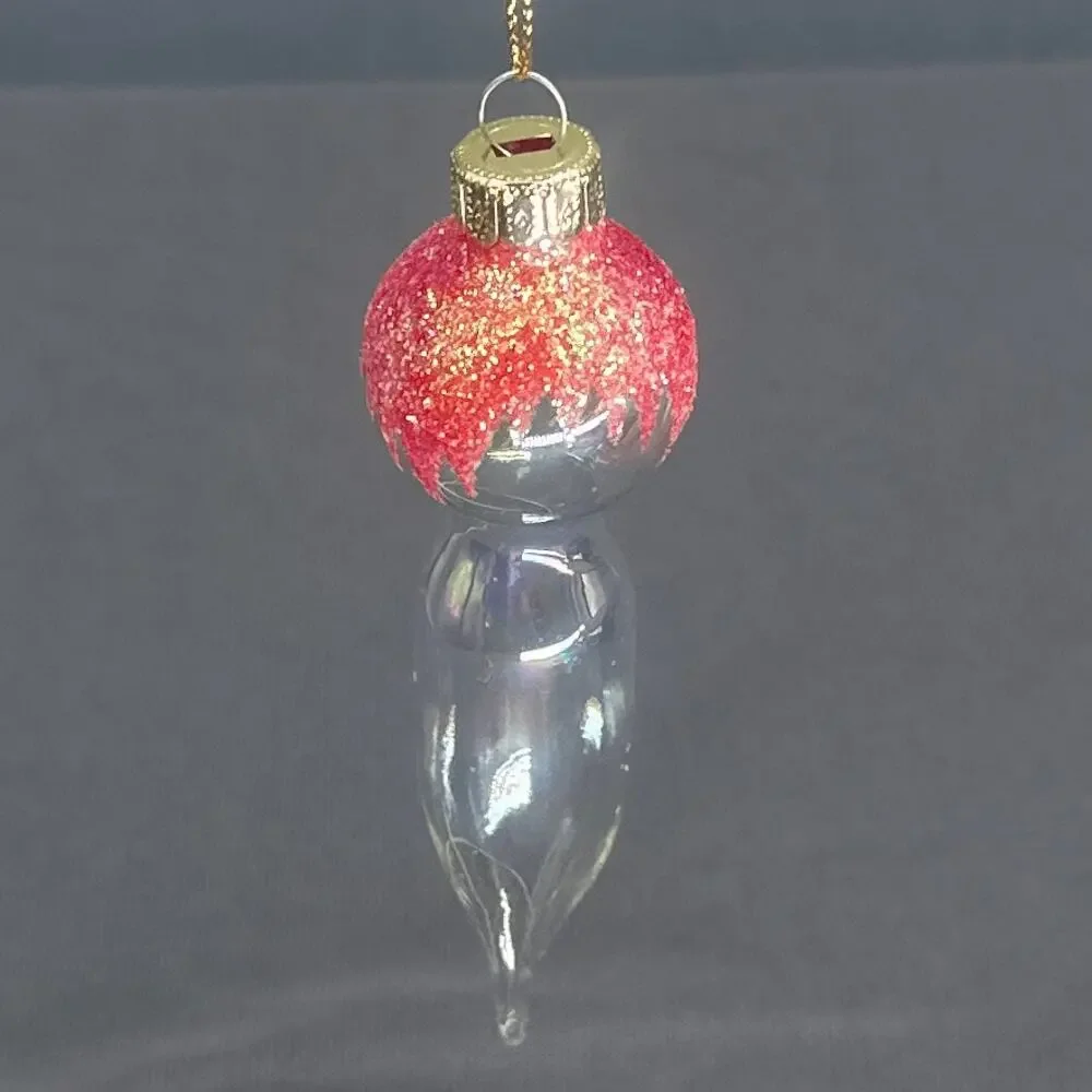 4 VTG Blown Glass Icicle Christmas Ornaments Clear Iridescent Pink Glitter Glam